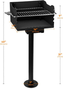 Park-Style Charcoal Grill, Heavy Duty Steel Outdoor BBQ Park Grill with Stainless Steel Cooking Grate and Post for Backyard or Camping, Black