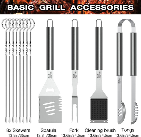 AISITIN 35PCS Grill Accessories BBQ Tools Set, Stainless Steel Grilling Kit with Thermometer, Fork, Tongs and Spatula, Meat Injector, Grill Mat - Gifts for Dad Durable, Stainless Steel Grill Tools