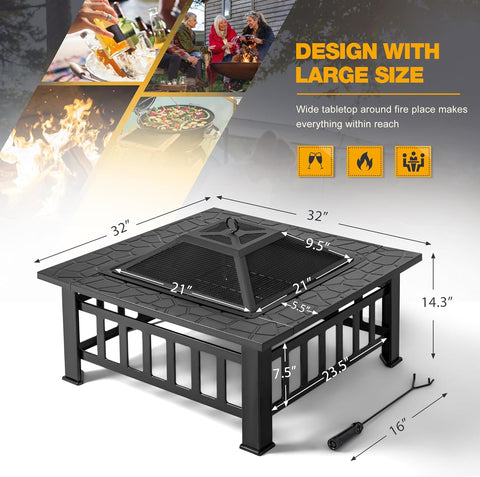 Image of Devoko 32 Inch Metal Outdoor Fire Pit Table Multiuse Square Patio BBQ Firepit with Spark Screen Lid and Waterproof Cover for Camping, outside Wood Burning and Picnic Black