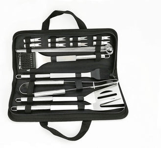 Stainless Steel BBQ Grill Tool Kit 20 PCS + Carrying Bag Set : Tong, Basting Brush, Spatula, Cleaning Brush, Meat Fork, 7 Skewers, 8 Corn Holders for Picnic Camping Cooking Grilling