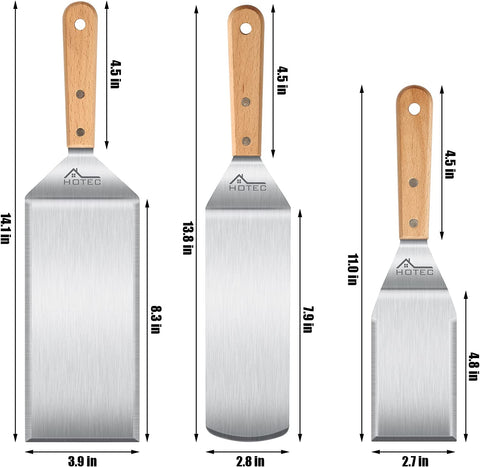Image of HOTEC Metal Flat Spatula Set, Stainless Steel Barbeque Turner, Griddle Scraper BBQ Tool, Pancake Flipper,Hamburger Turner, Set of 3