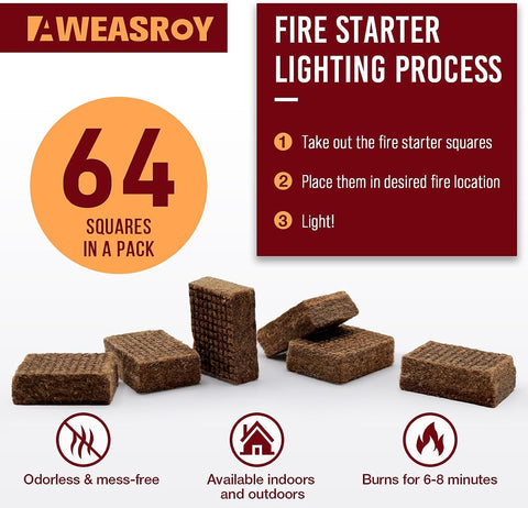Image of Fire Starter Squares 64 - Fire Starters for Fireplace,Chimney,Bbq Grill,Camping Fire,Wood Stove - Water Resistant and Safe Odourless - Camping Accessories