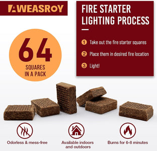 Fire Starter Squares 64 - Fire Starters for Fireplace,Chimney,Bbq Grill,Camping Fire,Wood Stove - Water Resistant and Safe Odourless - Camping Accessories