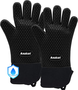 Anaeat BBQ Grilling Gloves Heat Resistant, Versatile Waterproof Cooking Gloves - 100% Cotton Lining Silicone Oven Mitts, Flexible Potholder for Barbecue, Baking - Thick Long Wrist Protection (Black)