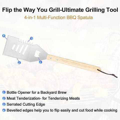Image of Qinshaine 4-In-1 Grill Spatula, Heavy Duty Stainless Steel Metal BBQ Spatula for Outdoor Grill with Bottle Opener Grill Tool.