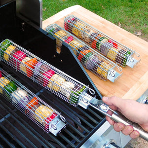 BRAIZE Large Kabob Grilling Baskets Set of 4 W/ Removable Handle - Stainless Steel Vegetable Grill Baskets for Outdoor Grill Utensils - Large Capacity (12 X 2 X 2) Secure Easy-Latch Lid. Great Camping Cooking Gear for Your Campfire Grill.