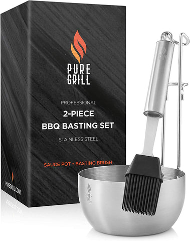Image of Pure Grill Stainless Steel BBQ Sauce Pot and Silicone Basting Brush - Barbecue Utensil Tool Set