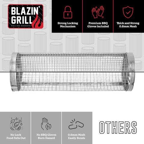Image of BLAZIN' GRILL Rolling Grill Basket | 2 Rolling Grilling Baskets for Outdoor Grilling | ALL-IN-ONE Barbecue Grill Set with BBQ Gloves | Perfect Grill Basket for Veggies, Seafood, Chips & Meats | 304 Stainless Steel & 0.8Mm Strong Mesh |