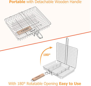 Grill Basket, Fish Grill Basket, Rustproof Stainless Steel BBQ Grilling Basket for Meat,Steak, Shrimp, Vegetables, Chops, Heavy Duty Grill Basket Outdoor Grill Accessories