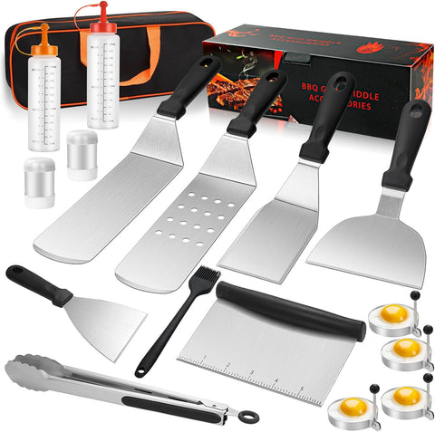 Image of Griddle Accessories Kit, 18 Pcs Flat Top Grill Accessories Kit, Professional BBQ Grilling Accessories Set, Enlarged Spatula, and More Griddle Tools