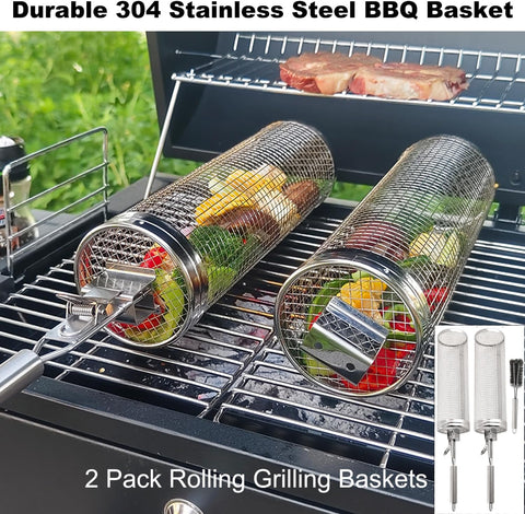 Image of Etoper Rolling Grilling Baskets for Outdoor Grilling 2 Pack,Stainless Steel Grill Mesh round BBQ Grill Accessories,Outdoor Grill for Fish,Shrimp,Meat,Vegetables