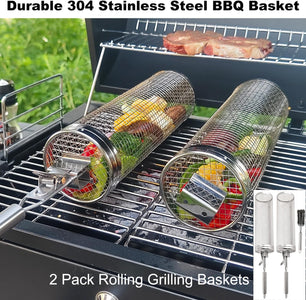 Etoper Rolling Grilling Baskets for Outdoor Grilling 2 Pack,Stainless Steel Grill Mesh round BBQ Grill Accessories,Outdoor Grill for Fish,Shrimp,Meat,Vegetables