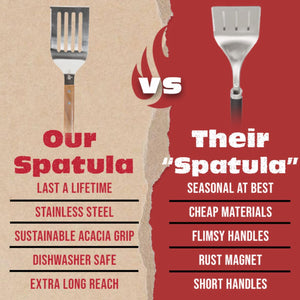 BBQ-AID Pro BBQ Metal Spatula - 17" Barbecue Spatula Stainless Steel with Serrated Knife Edge -Solid & Sturdy Turner Spatula- Acacia Wood Handle- Heavy Duty Built to Last Kitchen Spatula