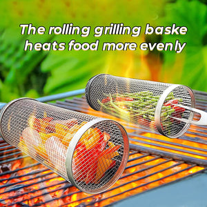 Grill Basket, Rolling Grilling Basket, Stainless Steel Grill Mesh Barbeque Grill Accessories, Portable Grill Baskets for Outdoor Grill Veggies Vegetable Fish Meat Food Camping, Gift for Men