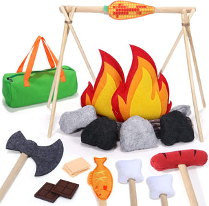 G.C 34 Pcs Pretend Camping Set Kids Campfire Toys Plush Felt Fake Fire Play Camping Toys Indoor Outdoor Activities for Toddlers Preschool Boys Girls Gifts