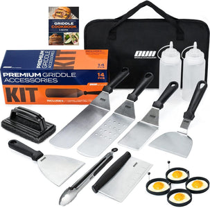 OUII Flat Top Griddle Accessories Set for Blackstone and Camp Chef Griddle - 14 Pieces Set with Griddle Cleaning Kit & Carry Bag! Metal Spatula, Griddle Scraper, Egg Rings for Teppanyaki & Gas Grill