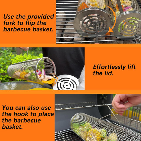 Image of 2PCS Flip-Top round Grill Basket - Rolling Baskest for Outdoor Grilling, Stainless Steel Wire Mesh for Fish, Shrimp, Meat, Veggies, and Fries Portable, BBQ Accessories for Camping Parties