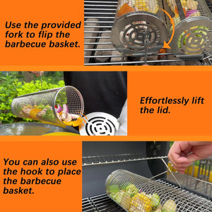 2PCS Flip-Top round Grill Basket - Rolling Baskest for Outdoor Grilling, Stainless Steel Wire Mesh for Fish, Shrimp, Meat, Veggies, and Fries Portable, BBQ Accessories for Camping Parties