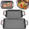 BBQ Grill Topper Grilling Pans (Set of 2) - Non-Stick Barbecue Trays W Stainless Steel Handles - Indoor Outdoor Use for Meat, Vegetables & Seafood - Great for Thanksgiving Dinner - Grill Gift for Men