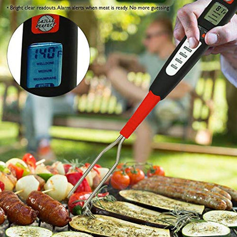 Image of Digital Meat Thermometer Fork for Grilling and Barbecue Fast Read Electronic Probes with Ready Alarm Quick Accurate BBQ Temperature Turner for Steak Chicken Hot Grilled Food