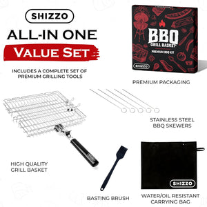 SHIZZO Adjustable Grill Basket, Barbecue BBQ Grilling, Stainless Steel Folding Portable Outdoor Camping Rack for Fish, Shrimp, Vegetables, Cooking Accessories, Gifts for Father, Husband