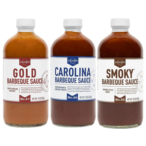 Image of Lillie’S Q - Barbeque Sauce Variety Pack, Gourmet BBQ Sauce Set, Made with Gluten-Free Ingredients, Includes Carolina BBQ Sauce (19 Oz), Gold BBQ Sauce (20 Oz) & Smoky BBQ Sauce (20 Oz) | 3-Pack
