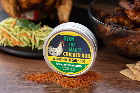 Image of Stan the Man’S Chicken Rub – Perfect Poultry Seasoning - Deep Fry Turkey, Beer Can Chicken, Spatchcock, Wing Dust, BBQ, Fried, Breast, Thighs - All Natural Gluten Free Keto Low Salt No MSG, 3 Ounce Gourmet Spice Tin – New Packaging Inside