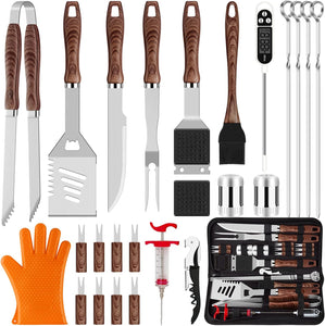 26Pcs Grilling Accessories Kit for Men Women, Stainless Steel Heavy Duty BBQ Tools with Glove and Corkscrew, Grill Utensils Set in Portable Canvas Bag for Outdoor,Camping,Backyard,Brown