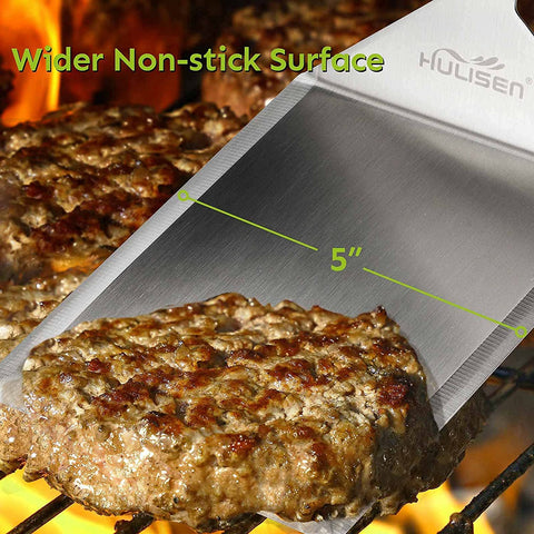 Image of HULISEN Stainless Steel Large Grill Spatula - 6 X 5 Inch Heavy-Duty Metal Spatula with Cutting Edges, Kitchen Griddle Accessories, Smashed Burger Turner Scraper for BBQ Grill and Flat Top Griddle