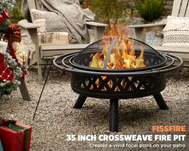 Fissfire 35 Inch Fire Pit, Outdoor Wood Burning Fire Pit Crossweave with Spark Screen Fire Poker with 2 Loops, for Backyard Patio Garden Bonfire, Black