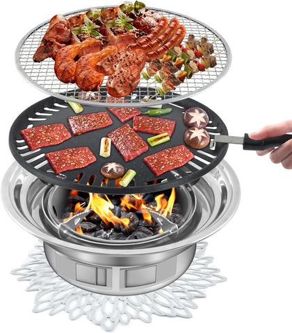 Image of Panghuhu88 Korean BBQ Grill,Portable Household Charcoal Barbecue Grill, Non-Stick round Carbon Barbecue Grill with Insulation Pad Camping Grill Stove for Outdoor and Picnic