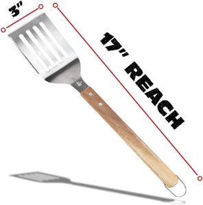 BBQ-AID Pro BBQ Metal Spatula - 17" Barbecue Spatula Stainless Steel with Serrated Knife Edge -Solid & Sturdy Turner Spatula- Acacia Wood Handle- Heavy Duty Built to Last Kitchen Spatula