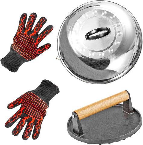 4 Piece Griddle Accessories Kit for Blackstone- 12'' Cheese Melting Dome Stainless Steel with 7'' Burger Bacon Press and 2 Pcs BBQ Heat Resistant Gloves for Flat Top Griddle Grill Indoor Outdoor