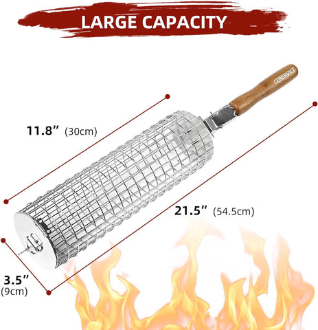 Image of CEBERVICE Rolling Grilling Baskets, SUS304 Stainless Steel, REMOVABLE WOODEN HANDLE, Portable BBQ Outdoor Camping round Cylinder Grilling Rack for Fish, Vegetables, Shrimp, Barbeque Griller Cooking Accessories Gifts for Men, Dad, Father, Husband