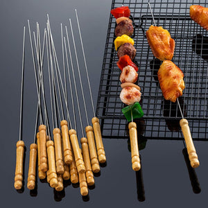 HAKSEN 12 PCS Barbecue Skewers with Wood Handle Marshmallow Roasting Sticks Meat Hot Dog Fork Best for BBQ Camping Cookware Campfire Grill Cooking, Stainless Steel,12 Inches(Including Handle)