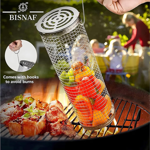 Image of BISNAF Rolling Grilling Baskets for Outdoor Grilling – Stainless Steel Cylinder Barbecue Rack – Rolling Grill Baskets Ideal for Camping & Picnics - Complete Grill Accessories Set Any Kind of Food