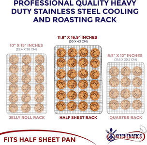 KITCHENATICS Half Sheet Cooling Rack for Cooking and Baking, Stainless Steel Baking Rack & Wire Rack, Bacon Grill Rack for Oven, Heavy-Duty Wire Cookie Cooling Rack Fits Half Sheet Pan - 11.8 X 16.9