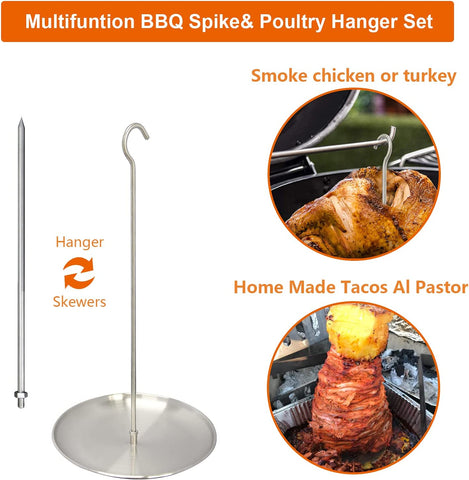 Image of Upgraded Vertical Skewer Turkey Fryer Stand Kit, BBQ Turkey Fryer Accessories Poultry Turkey Hanger Chicken Rack for Grill Meat Spit Stainless Steel (With 1 Base,3 Skewers, and 2 Chicken Hangers)