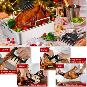 Teamfar Roasting Pan, 14 in Stainless Steel Turkey Roaster Pan with Cooling Rack & V Rack, Beer Can Chicken Holder/Meat Claws/Brush, Healthy & Dishwasher Safe, Set of 7