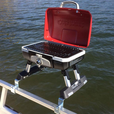 Image of Grill Modified for Pontoon Boat with Arnall'S Stainless Grill Bracket for Standard Railing with Open Fencing Set RED