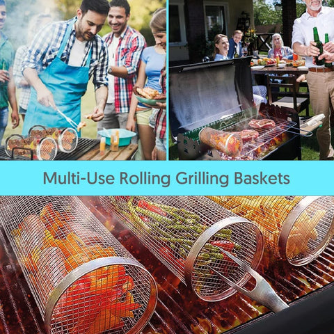 Image of Upgraded Rolling Grilling Basket for Outdoor Grilling, BBQ Grill Accessories Kit, Stainless Steel Grill Mesh Barbeque Grill Accessories,Portable Grill Basket for for Fish,Shrimp,Meat,Vegetables, Fries