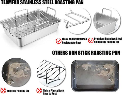 Image of Teamfar Roasting Pan, Stainless Steel Large Turkey Roaster Pan with V Rack & Cooling Rack, Beer Can Chicken Holder & Meat Claws for Shredding & Silicone Brush, Healthy & Dishwasher Safe - 7 Pcs