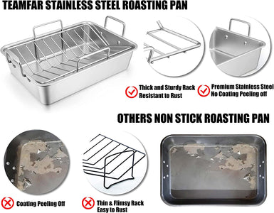 Teamfar Roasting Pan, Stainless Steel Large Turkey Roaster Pan with V Rack & Cooling Rack, Beer Can Chicken Holder & Meat Claws for Shredding & Silicone Brush, Healthy & Dishwasher Safe - 7 Pcs