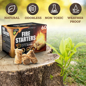 Fire Starter - Natural Pine Fire Starters for Fireplace, Campfires, Grill, Wood & Pellet Stove, Chimney, Fire Pit, BBQ, Smoker - 60 Pack W/10 Min Burning Time - All Weather & Odorless Firestarter