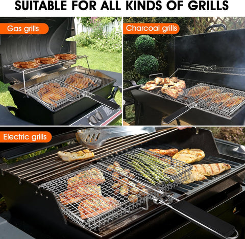 Image of HEKEH Barbecue Basket Stainless Steel Large Folding Barbecue Basket Outdoor Camping Barbecue Basket Multifunctional Grill Net for Fish and Shrimp Meat Steak Vegetables with Handle Barbecue Accessories