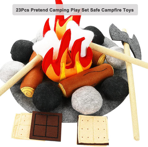 Image of 23 PCS Pretend Campfire Toys, Kids Plush Felt Play Campfire Playset Safe Fake Fire Wood Stones Toys Pretend Camping Play Set for Kids Toddlers Age 3-5