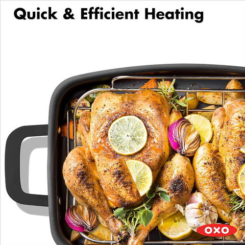 Image of OXO Obsidian Pre-Seasoned Carbon Steel, 15" X 10.5" Roasting Pan with Stainless Steel Roaster Rack, Induction, Black