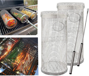 Oylyoyea Rolling BBQ Basket BBQ Accessories,Round Stainless Steel BBQ Grill Mesh,Bbq Vegetable Slices Basket,Grill Basket Camping Grill,Suitable for Vegetable,Fries,Fish (2Pcs Small)