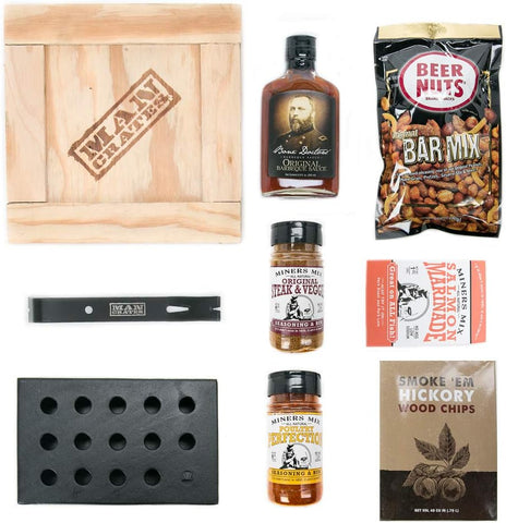 Image of , Hickory Grilling Crate – Includes Stainless Steel Smoker Box, Dried Hickory Wood Chips – with BBQ Sauce, BBQ Rubs and Seasoning Salt – Great Gifts for Men