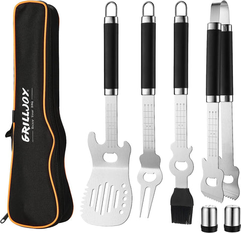 Image of 7Pcs Guitar Style BBQ Tool Set with Long Handles-Heavy Duty Stainless Steel Grill Accessories with Spatula, Tongs, Brush and Fork for Music Lovers